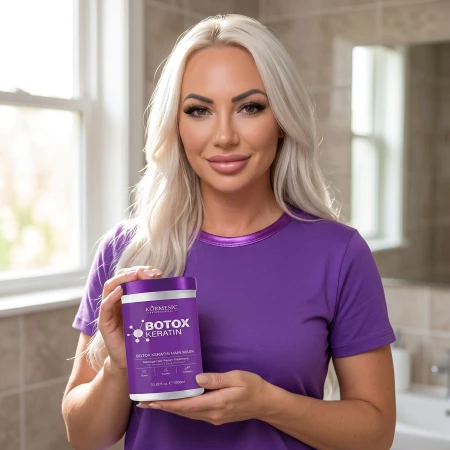 Kobieta prezentuje Kormesic Botox Keratin Hair Mask 1000 ml – maskę keratynową do odbudowy i wygładzenia włosów