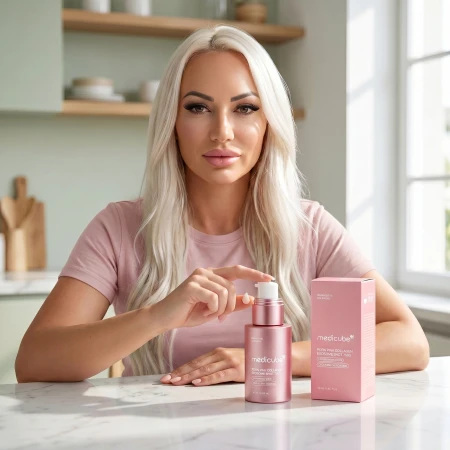 Aplikacja serum Medicube PDRN Pink Collagen Exosome Shot 7500 podczas codziennej pielęgnacji skóry