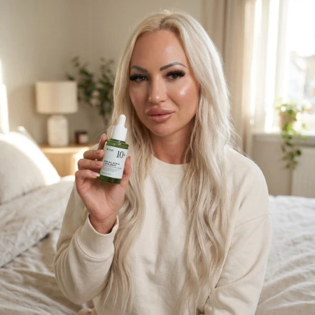 Kobieta aplikująca Anua Azelaic Acid 10 + Hyaluron Redness Soothing Serum na skórę twarzy