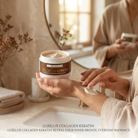 Kobieta prezentująca Luxelux Collagen Keratin Shine Brown krem brązujący z kolagenem i keratyną