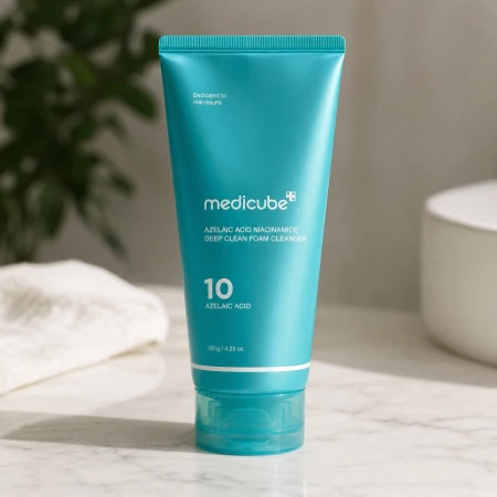 Koreańska pianka do mycia twarzy Medicube Azelaic Acid Niacinamide Deep Clean Foam Cleanser 120g stojąca na marmurowym blacie w łazience.