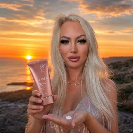 Kobieta prezentująca próbkę ujędrniającego kremu ochronnego Medicube Collagen Sun Cream na tle zachodzącego słońca nad morzem.