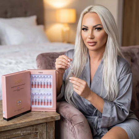 Kobieta aplikująca przeciwzmarszczkowe serum TOEO Sheep Placenta Extract z ampułki na skórę twarzy