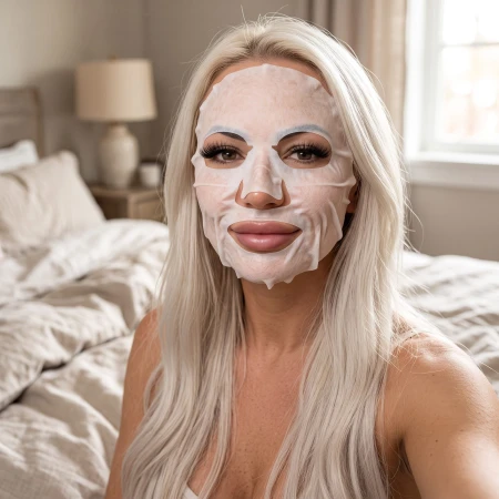 Opakowanie TOEO Sheep Placenta Extract Sheet Mask oraz rozwinięta maska w płachcie nasączona bogatym serum regenerującym do pielęgnacji przeciwzmarszczkowej.
