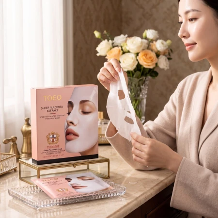 TOEO Sheep Placenta Extract Sheet Mask 30 g prezentacja opakowania oraz maski w płachcie z intensywnie nawilżającą esencją K-Beauty.