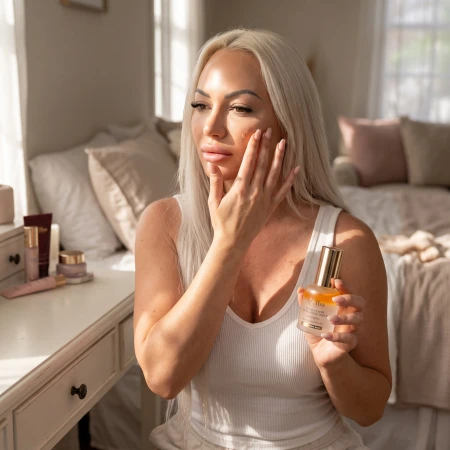 Kobieta wklepująca odżywcze serum d'Alba z białą truflą w skórę twarzy dla uzyskania promiennego efektu glass skin.