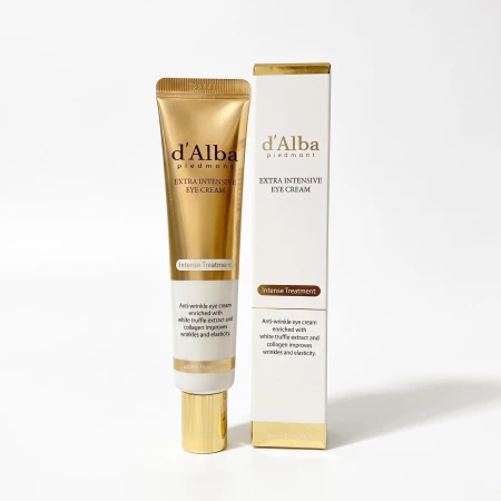 Przeciwzmarszczkowy krem pod oczy d'Alba White Truffle Extra Intensive Eye Cream 30ml w eleganckiej złotej tubce obok białego kartonika.