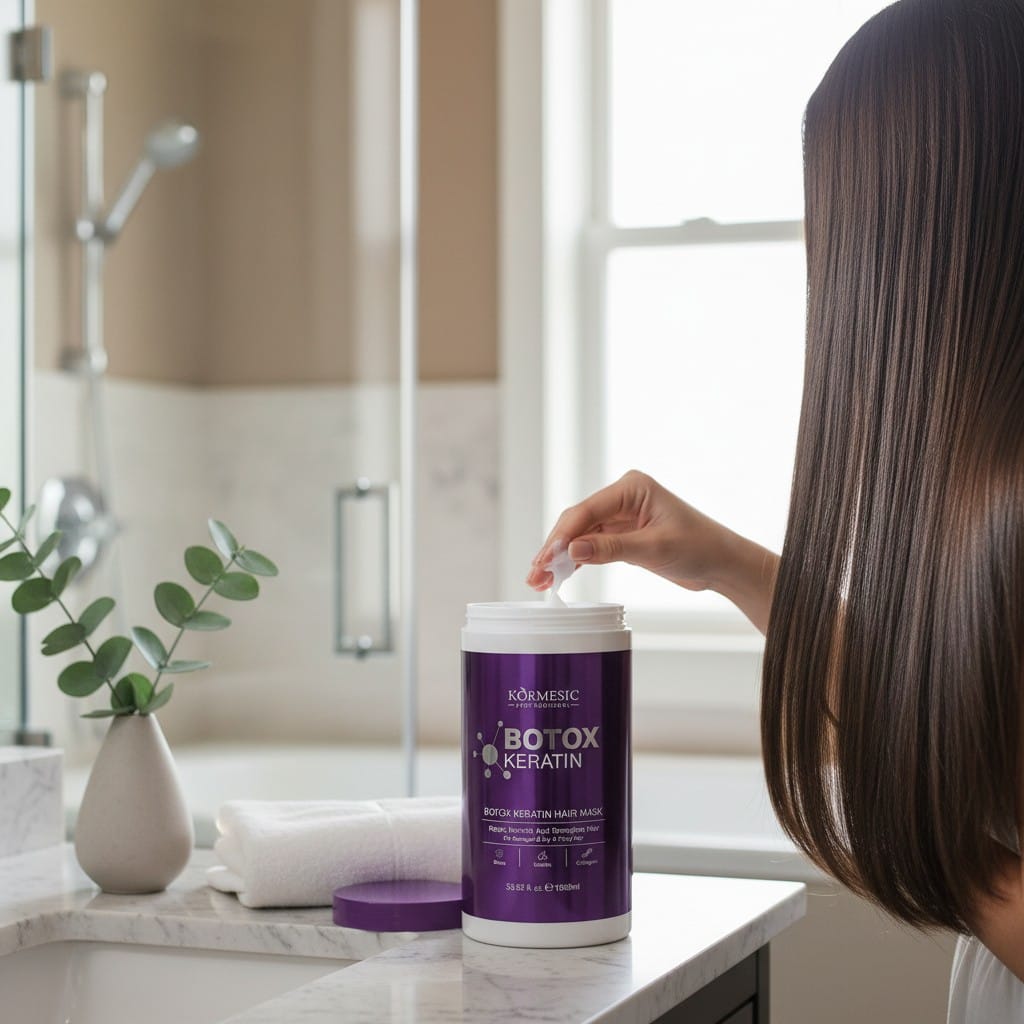 Kobieta nakłada Kormesic Botox Keratin Hair Mask 1000 ml na włosy – maska z keratyną wygładzająca i regenerująca włosy
