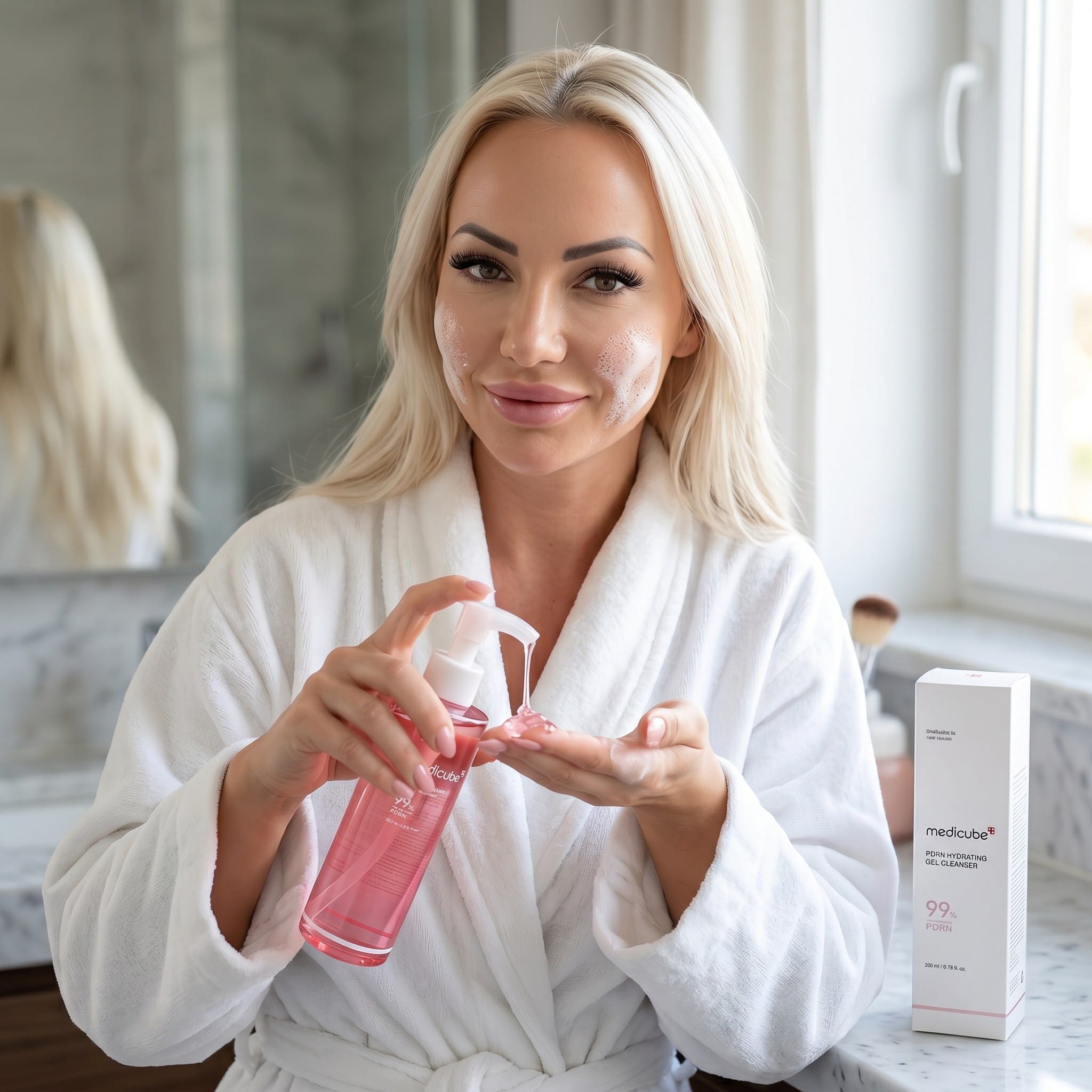 Kobieta prezentująca Medicube Zero Pore Blackhead Deep Cleansing Oil 205 ml do oczyszczania skóry i usuwania zaskórników