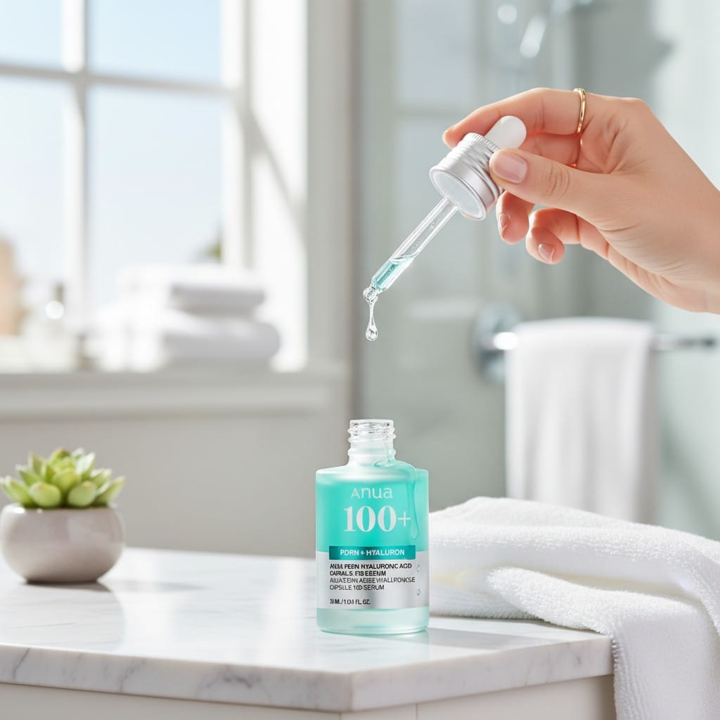 Aplikator serum Anua PDRN Hyaluronic Acid Capsule 100 Serum 30 ml z kroplą produktu