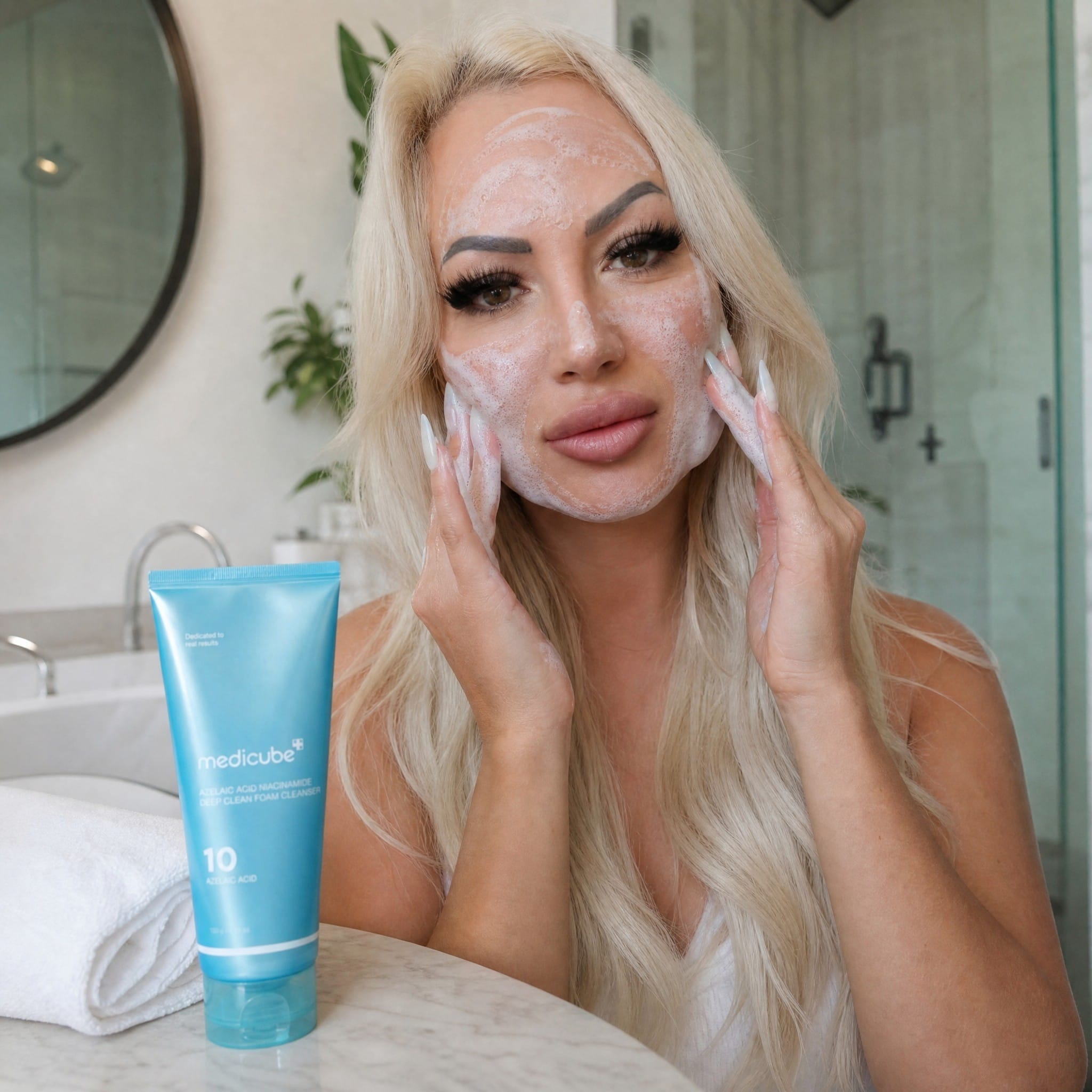 Instrukcja stosowania kosmetyku: gęsta mikropiana Medicube Azelaic Acid Niacinamide Foam Cleanser nałożona na twarz podczas wieczornej pielęgnacji.