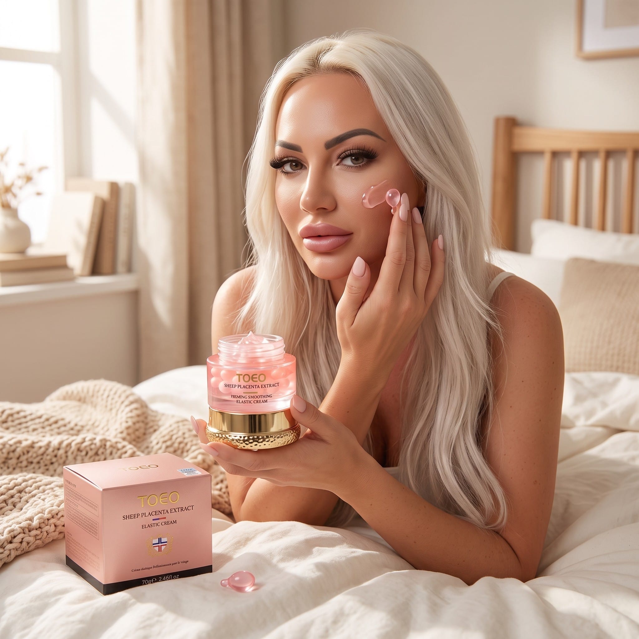 Kobieta nakłada TOEO Sheep Placenta Extract Elastic Cream na policzek prezentując krem przeciwzmarszczkowy poprawiający jędrność i nawilżenie skóry.