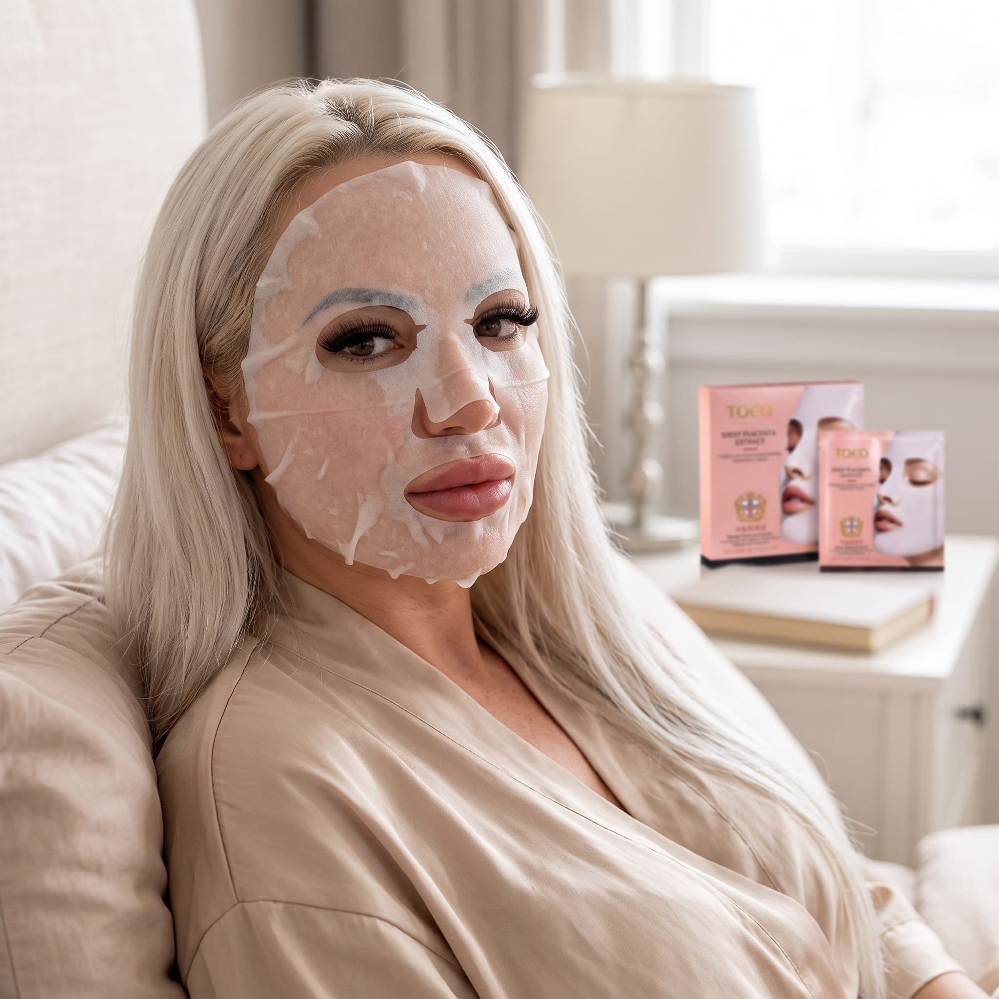 TOEO Sheep Placenta Extract Sheet Mask liftingująca koreańska maska w płachcie z ekstraktem z łożyska owczego na twarzy podczas pielęgnacji skóry suchej i dojrzałej.