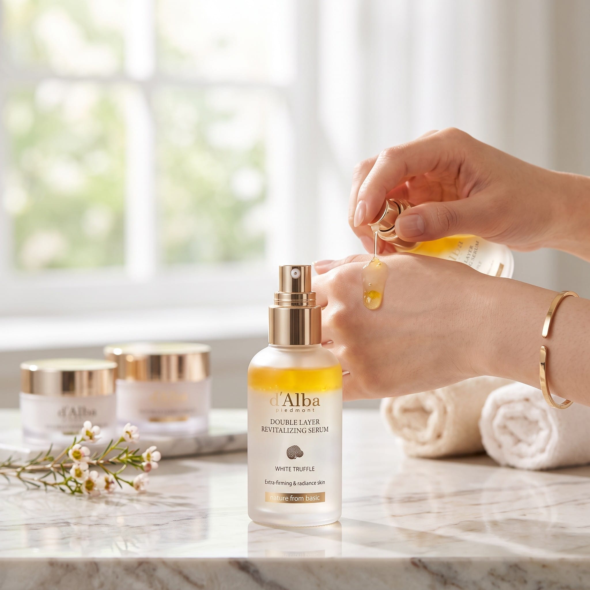Kobieta dozująca złociste serum dwufazowe d'Alba White Truffle Double Layer na grzbiecie dłoni na tle jasnej łazienki.