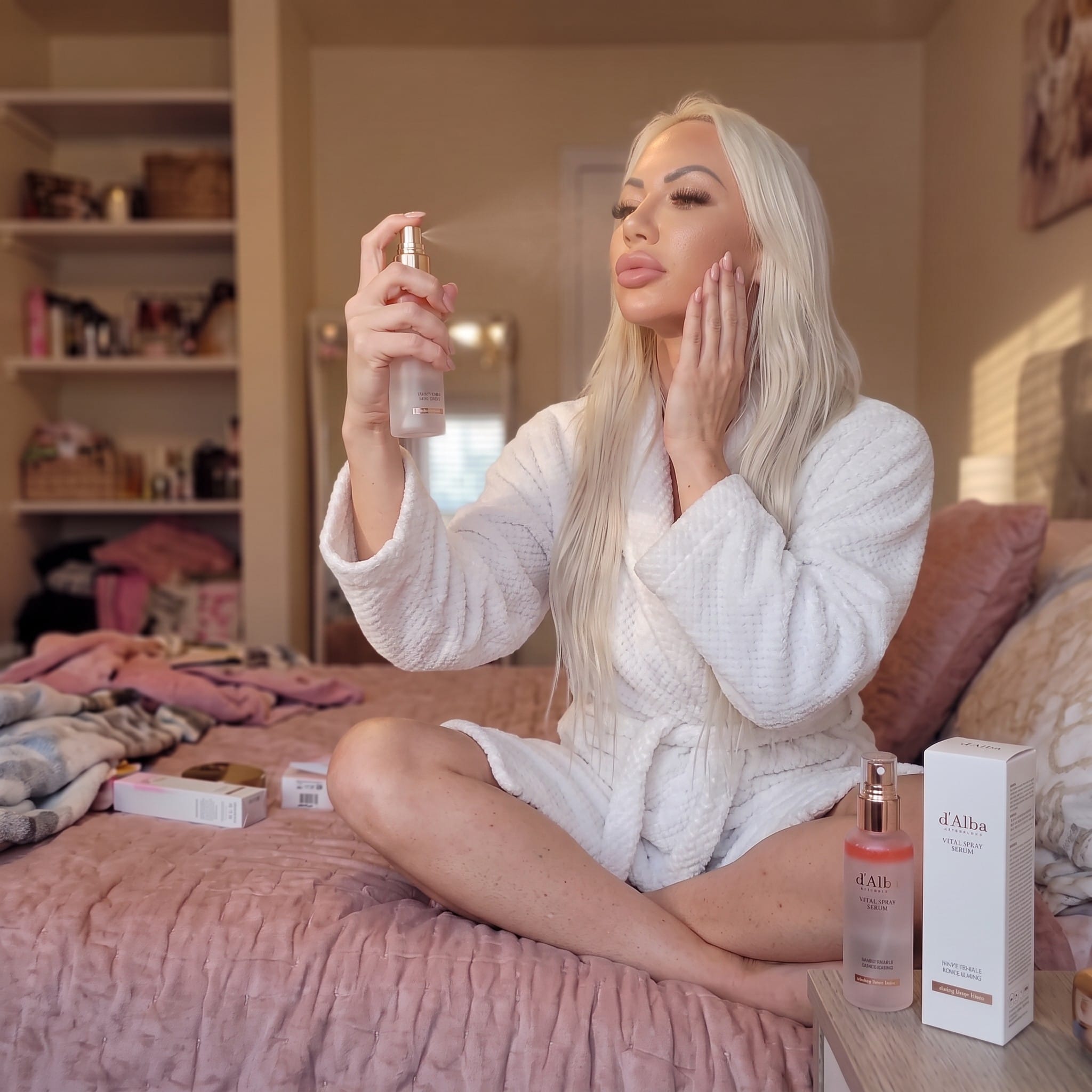 Kobieta rozpylająca odświeżającą mgiełkę d'Alba Vital Spray Serum na twarz dla uzyskania efektu promiennej cery.